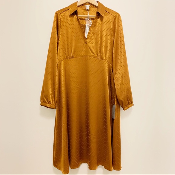 NWT New Spense Polka Dot V Neck Gold Midi Dress 12 - Picture 1 of 7